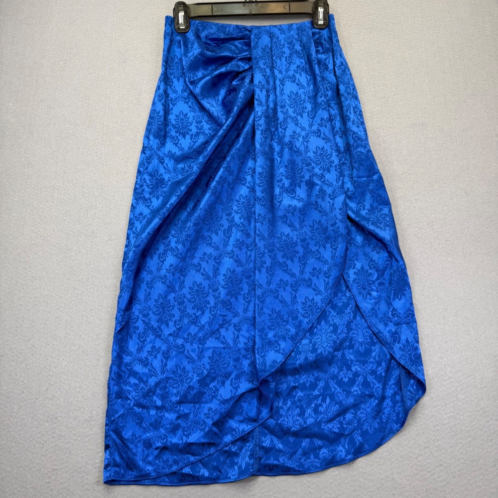 Ronny Kobo Blue Damask Jacquard Draped Satin Midi Skirt Womens Size S Royal Blue